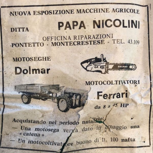 Manifesto storico Papa Nicolini — Motoseghe Dolmar e motocoltivatori Ferrari